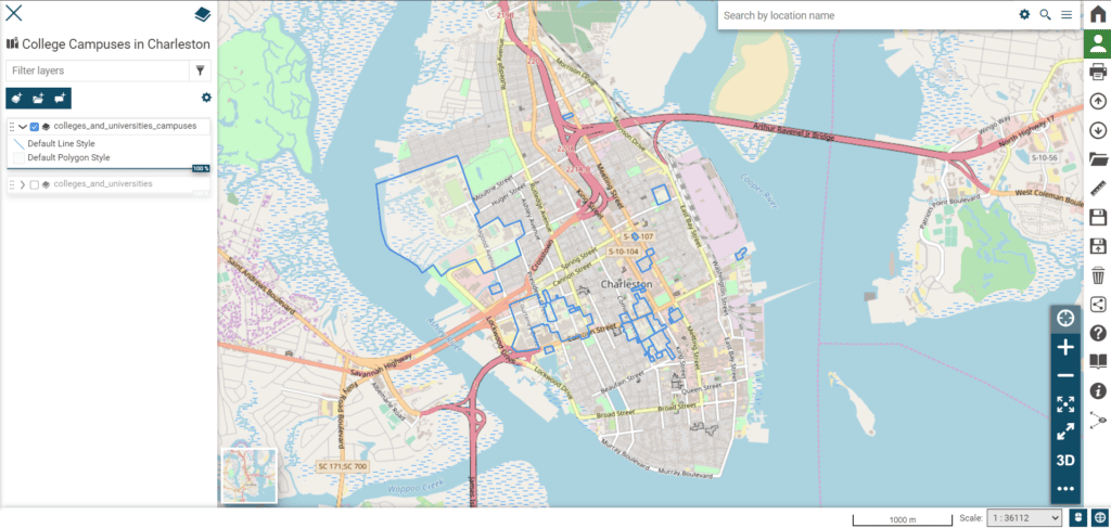 screenshot of CoreSpatal Portal's map interface showing a map of universities in Charleston, SC
