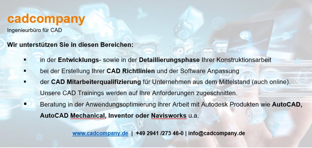 Lernen Sie unsere Leistungen kennen. Als Ingenieurbüro finden wir Lösungen rund um Ihre CAD Thematik. Von der Mitarbeiter Qualifizierung über die Anwendungsoptimierung bis zur Detailierung / Stücklistenerstellung sind wir Ihr Partner.