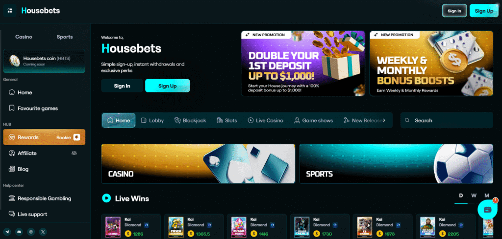 housebets home page - housebets review