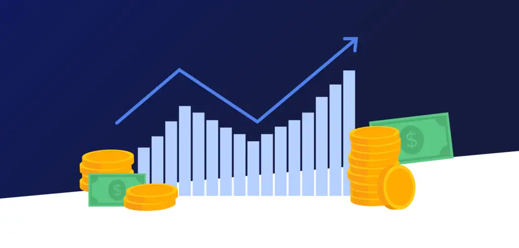 Illustration of a financial plan with savings, coins, money, and a rising financial chart
