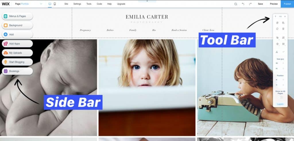 The Wix Interface with Side Bar and Tool Bar