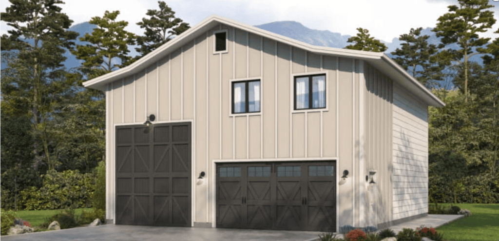 Two-story RV garage with a tall RV bay door, a two-car garage door, and a loft above, finished in light board-and-batten siding.