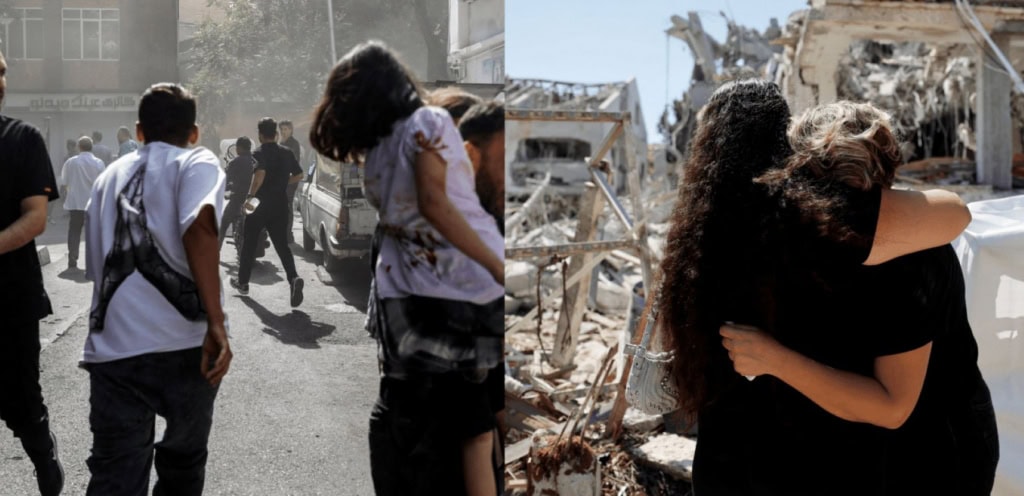 Images from aftermath of attacks in Tehran (left) and Israel (right) © Reuters