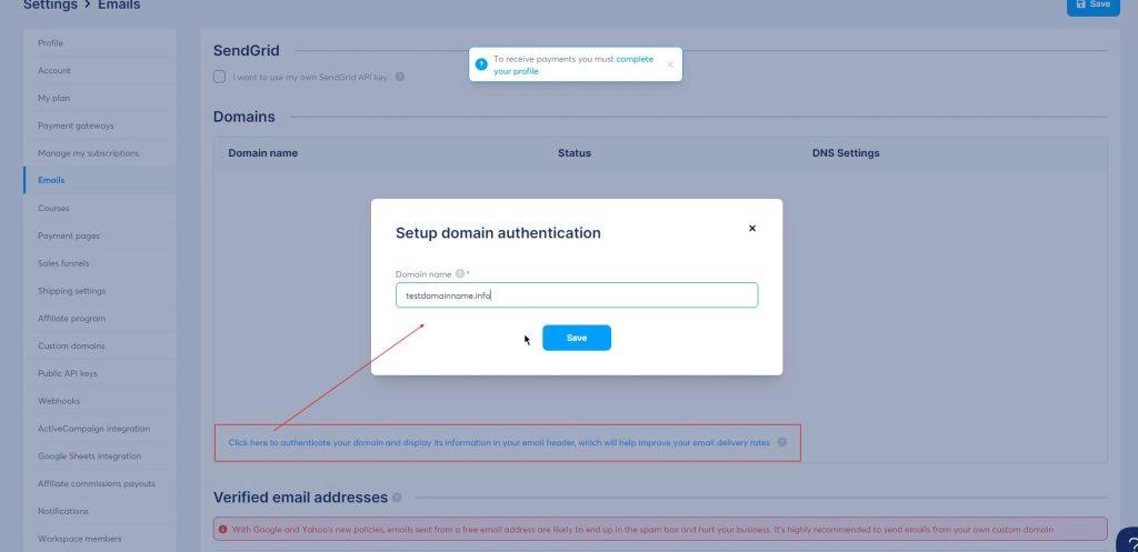 verify your custom email in Systeme.io