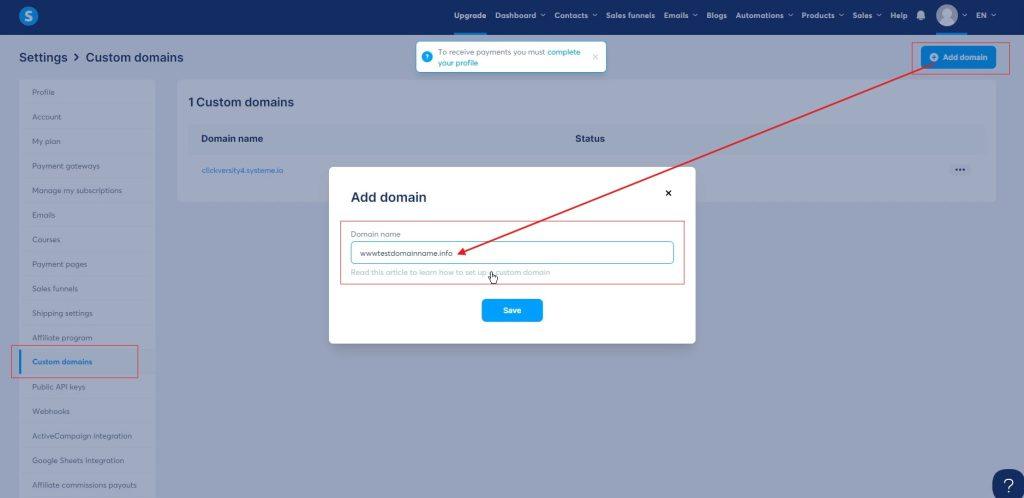 Custom Domain and Email in Systeme.io