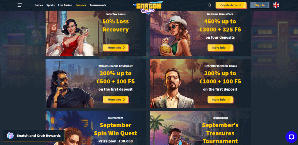 snatchcasino bonuses offer page