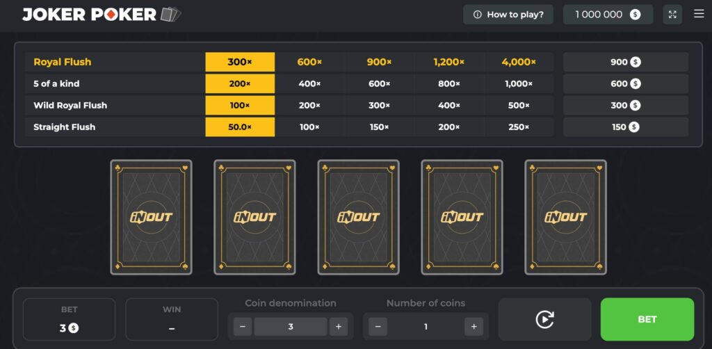 Joker Poker Game interface by InOutGames with Deal and Draw buttons and highlighted wild Joker card