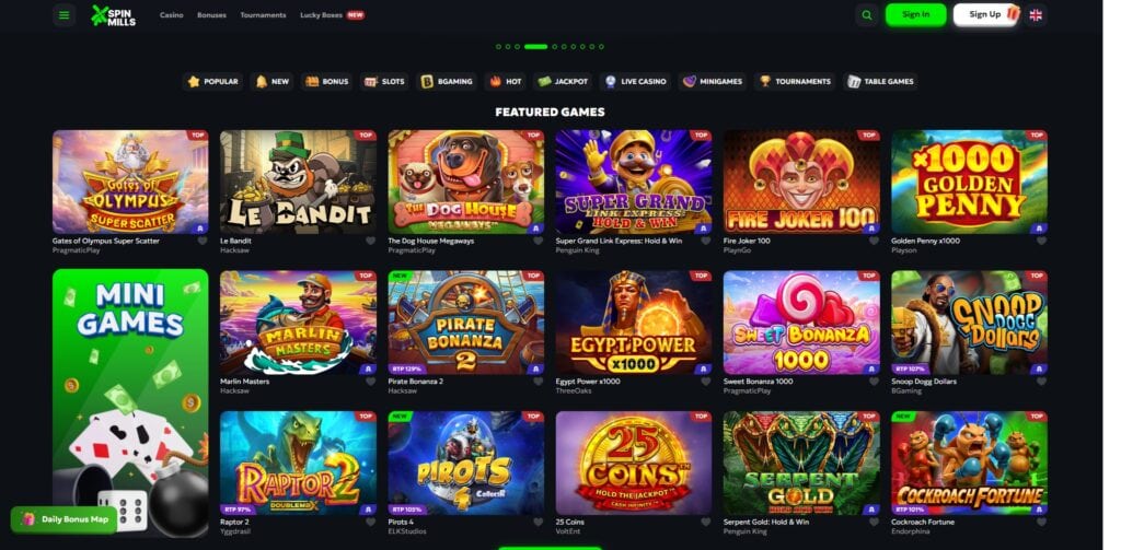 SpinMills casino homepage interface