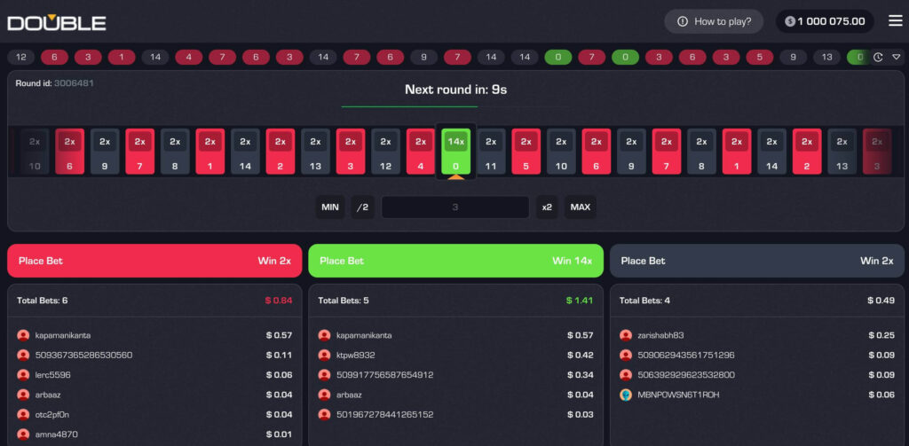 Double Online Game interface with recent results, countdown timer, numbered tiles, and multiplayer betting panels