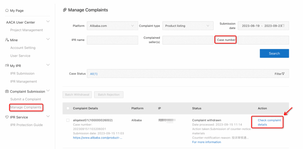 Check complaint details, withdraw complaints, review response (Counter-Notices).