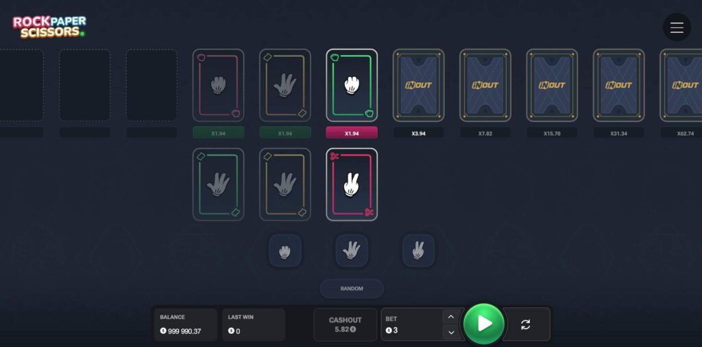 Rock Paper Scissors game online showing winning move and progression to higher multiplier stage