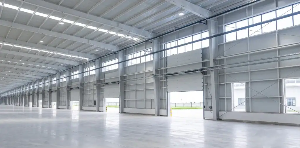 Heavy-duty industrial sectional dock door integrated with a premium dock shelter for climate-controlled loading bays.