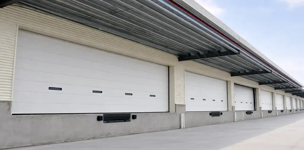 Modern logistics warehouse sectional door featuring vision panels, operating alongside a hydraulic dock leveler for high-volume distribution.