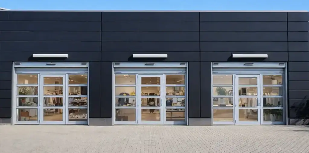Modern retail storefront featuring multiple full-view glass sectional doors with premium aluminum frames, maximizing natural daylight and customer visibility.