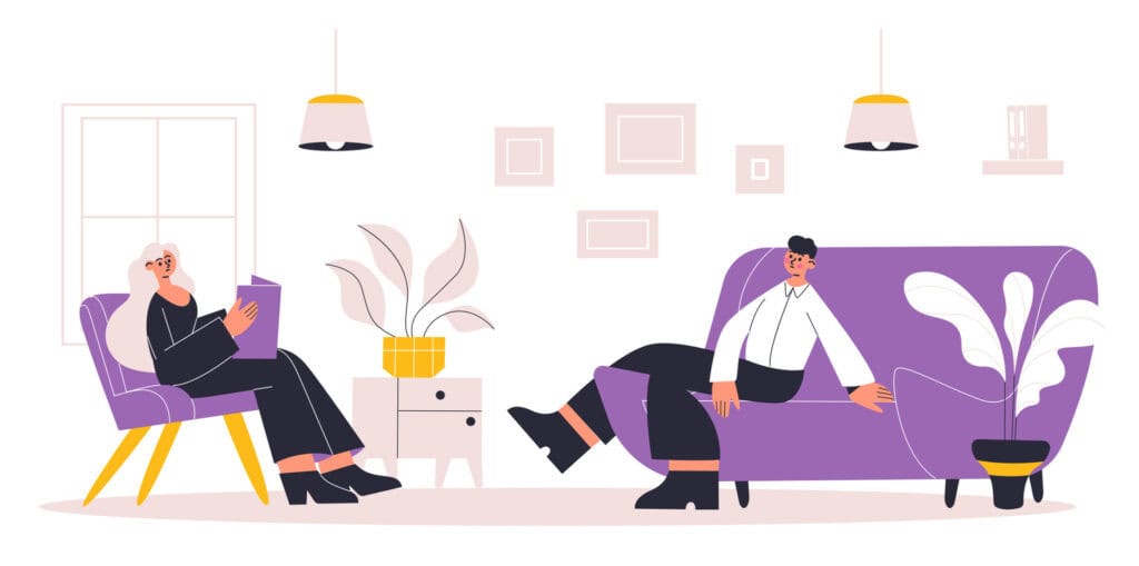 Cartoon female therapist talking to a male client on purple furniture.