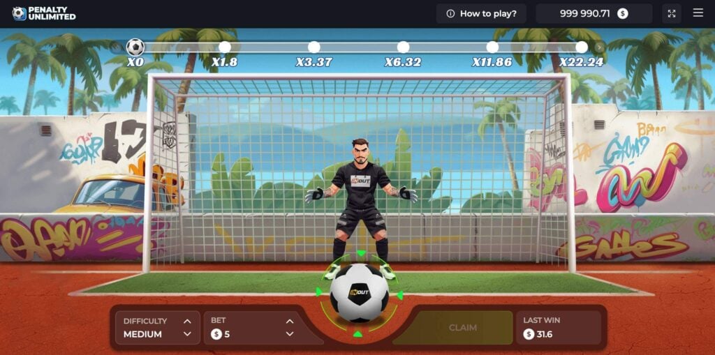 PENALTY UNLIMITED Game interface with goalkeeper, aiming crosshair, and multiplier panel