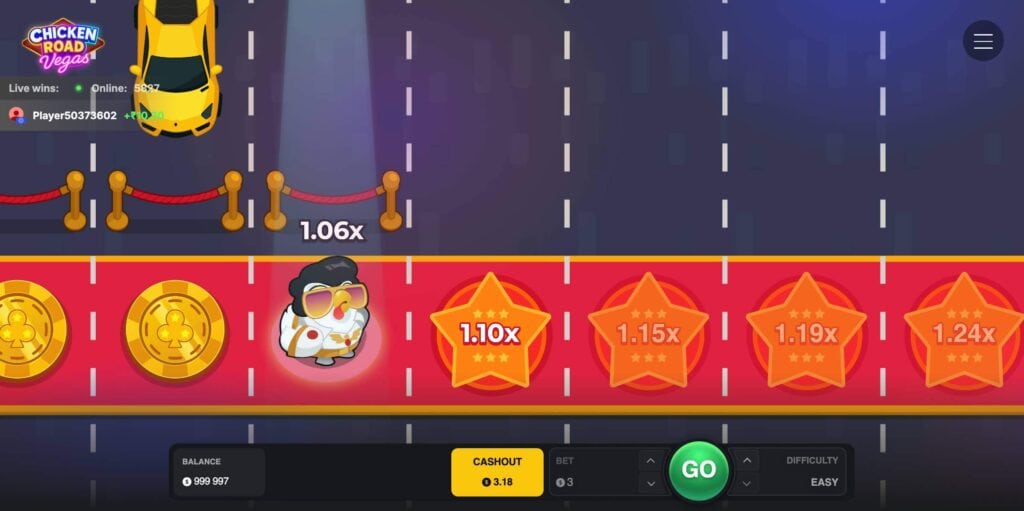 Chicken Road Vegas gameplay with rising multiplier, crossing red carpet chicken, and cash-out button