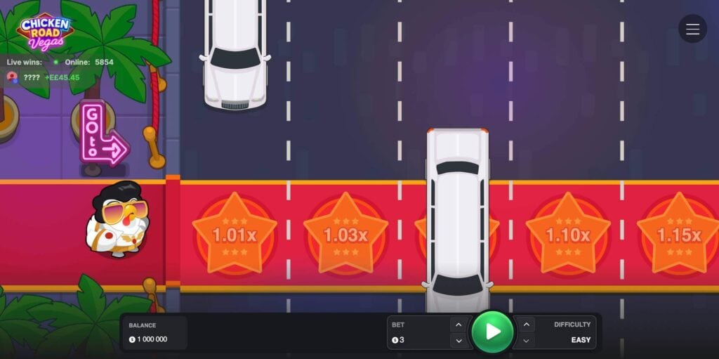 Chicken Road Vegas official game screen with neon Vegas background, crossing chicken, and cash-out interface