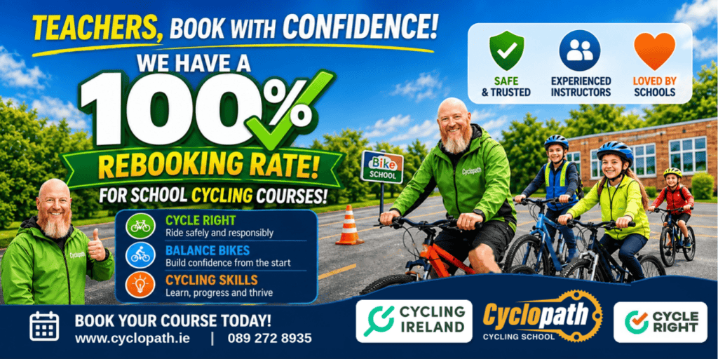 Promotional image for Cyclopath cycling courses for schools featuring a smiling instructor with children riding bikes. Text highlights a 100% rebooking rate and benefits of the courses.