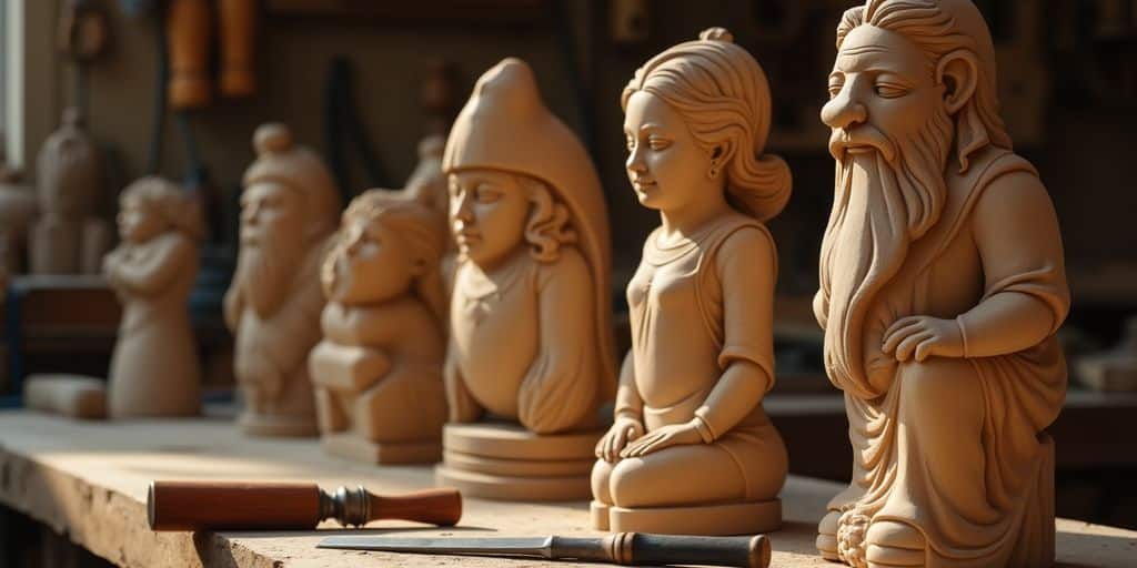 Verschiedene geschnitzte Holzskulpturen und Werkzeuge.