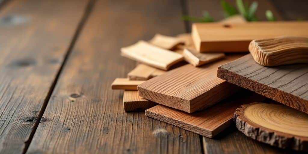 Verschiedene Holzarten auf einer Holzoberfläche.