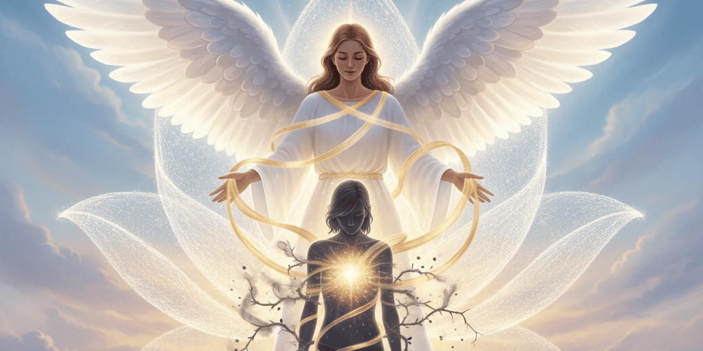 Ein engel hinter einer Frau der ihre verstrickungen löst