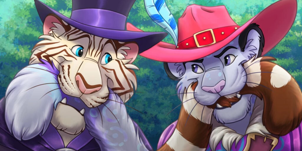 Two anthropomorphic wild cats chomping onto one another's tails.