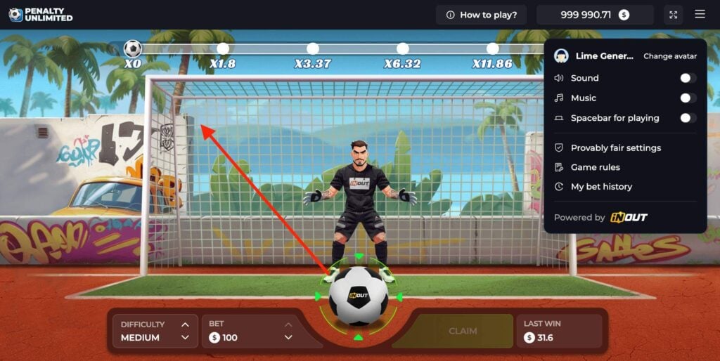 PENALTY UNLIMITED stats card showing RTP 96 percent, volatility, bet limits, and release date