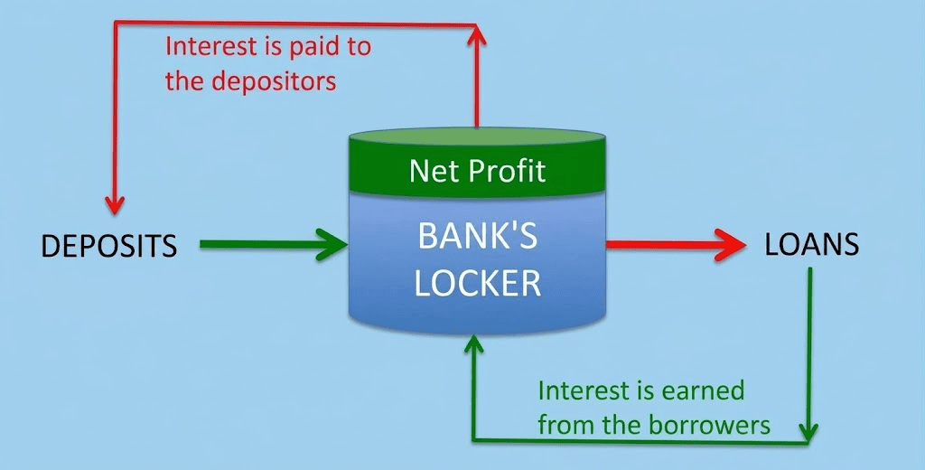 Diagram titled 'Why cheap deposits decide bank margins' illustrating the flow of funds with a light blue background. Deposits flow into the bank's locker, which generates loans; red arrows show interest paid to depositors and green arrows show interest earned from borrowers to yield net profit.