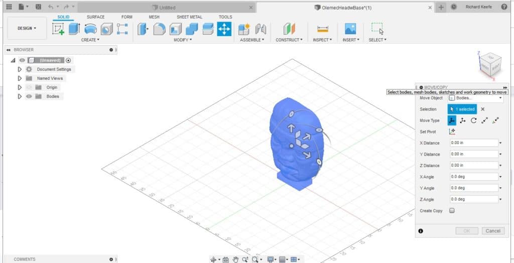 moving an object in fusion 360