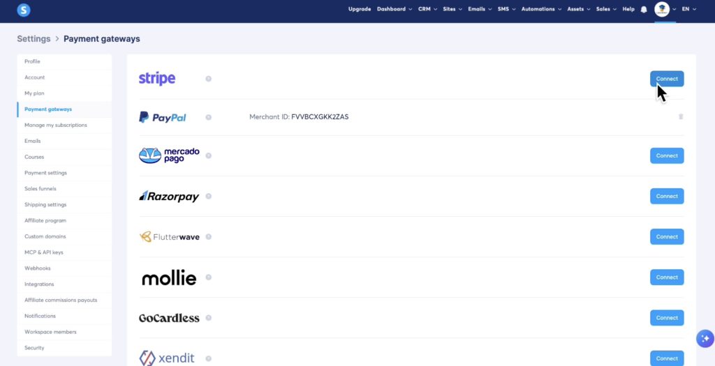 Connect Stripe or PayPal in Settings → Payment Gateways before building your funnel