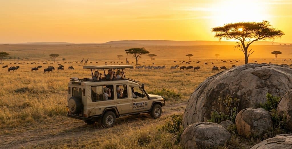 Guests on a Serengeti National Park safari viewing the plains through a vehicle roof hatch at sunset