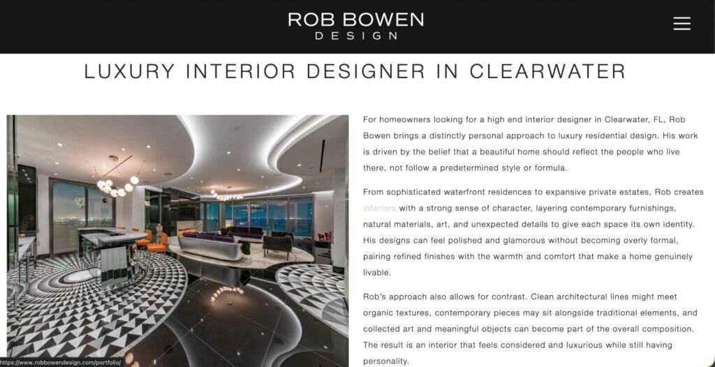 Rob Bowen Design's Luxury Interior Designer in Clearwater location page, written around the services local clients search for