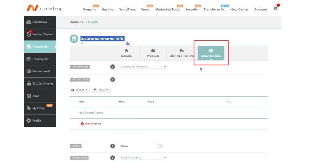 namecheap.com advanced DNS