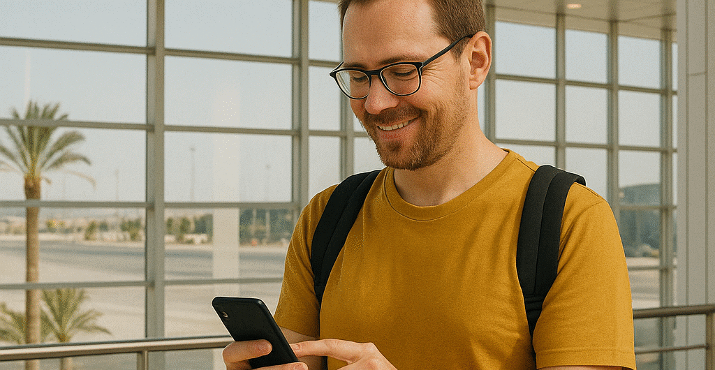Ein europäischer Tourist nutzt sein Smartphone mit SIM-Karte Ägypten Flughafen Hurghada im Abflugbereich