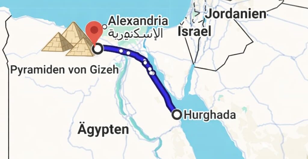 Entfernung Hurghada Pyramiden auf der Karte von Ägypten mit markierter Route