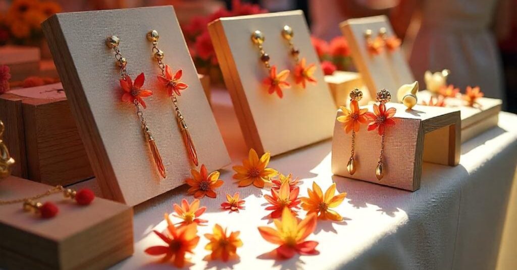 Des boucles d'oreilles artisanales pendantes ornées de fleurs orange et dorées sont exposées sur des présentoirs en bois clair, sur une table couverte d'une nappe blanche, lors d'un marché estival en plein air. Des fleurs de couleurs similaires sont éparpillées sur la table. Des parasols rouges et des silhouettes de personnes floues se trouvent en arrière-plan.