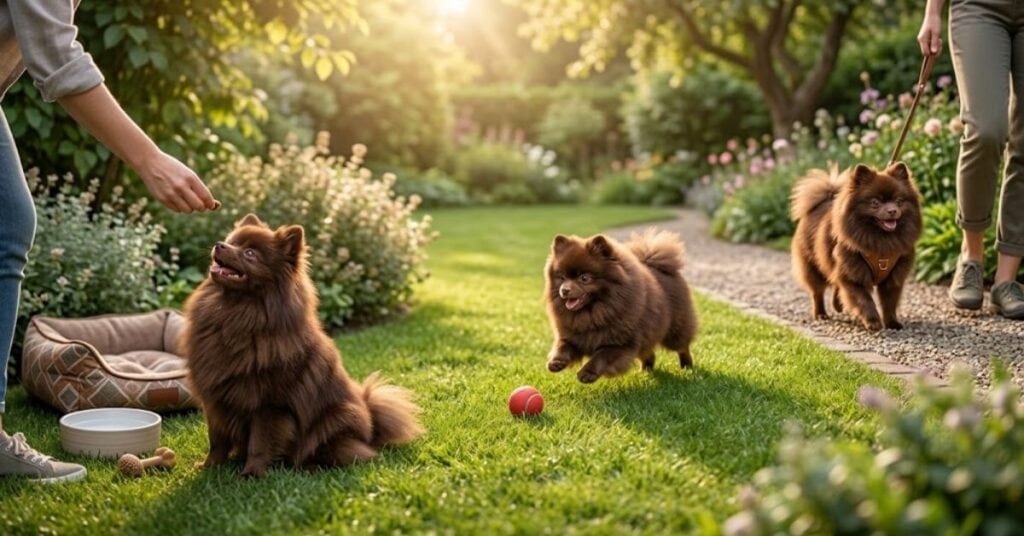 exercise, training, and daily care for a chocolate pomeranian