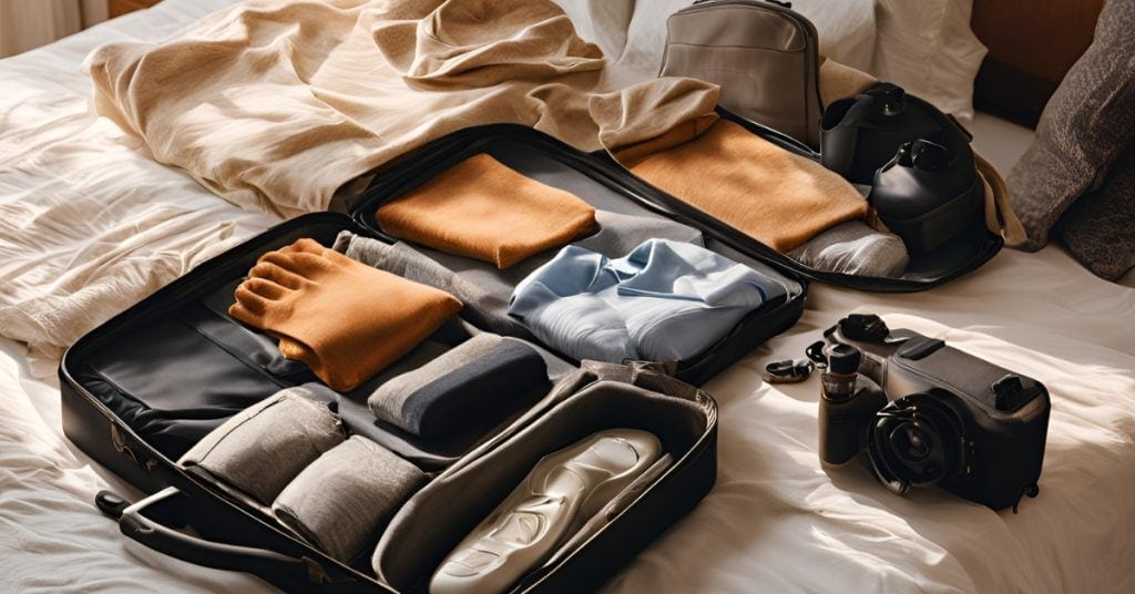 Open suitcase neatly packed with folded clothing, shoes, and accessories on a bed, surrounded by a backpack, travel camera, and binoculars. Soft natural light highlights the organized setup, capturing a moment of travel preparation in a cozy bedroom.