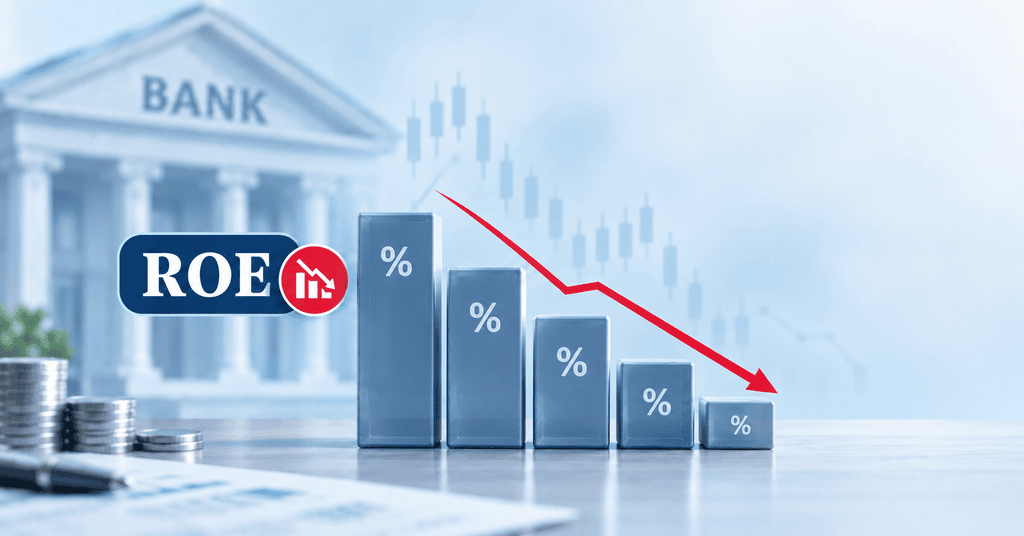 ROE decline illustrated with blue glass bars decreasing in height, a red downward arrow, and a subtle bank and financial chart background.