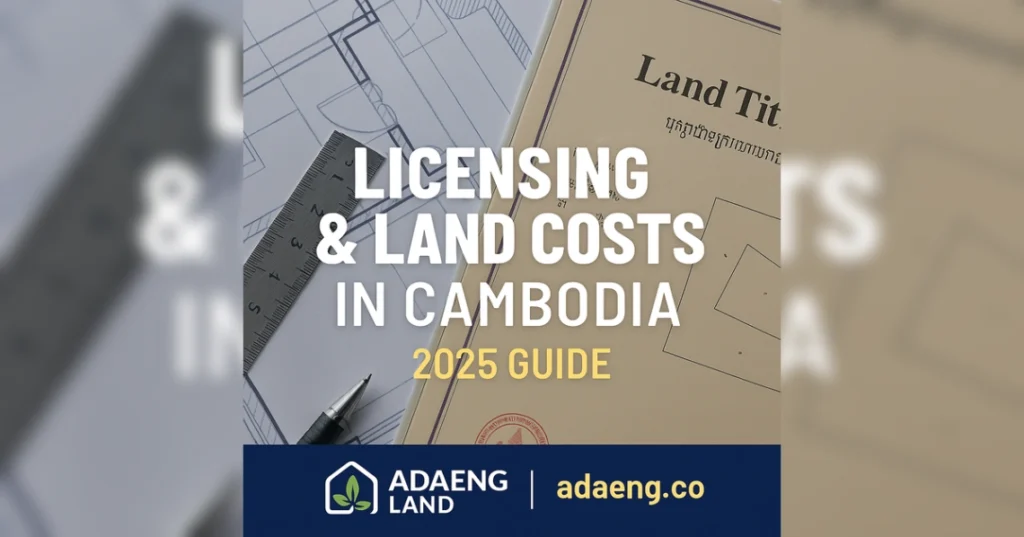 Blueprint and land title documents with overlay text: “Licensing & Land Costs in Cambodia – 2025 Guide”