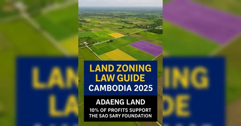 Aerial view of Cambodian land with zoning overlays and text: “Land Zoning Law Guide – Cambodia 2025”
