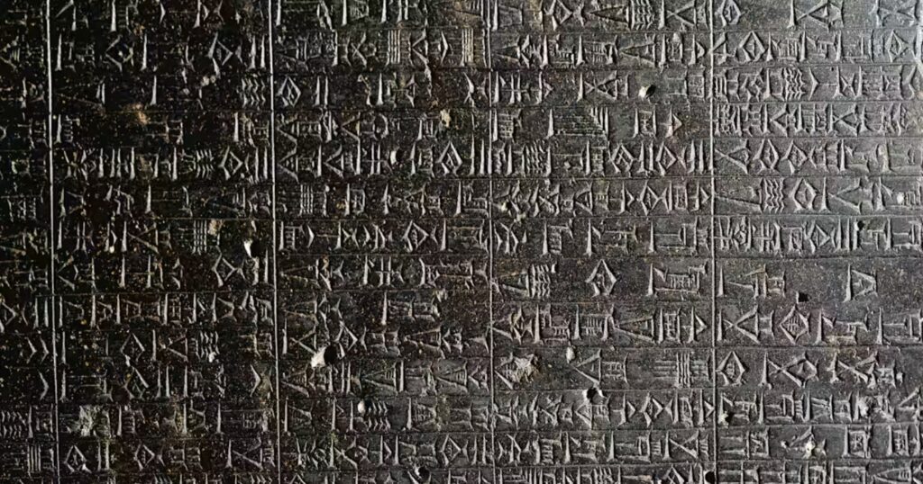 Hammurabi A macro close-up of the Code of Hammurabi stele, showing rows of intricate cuneiform characters carved deeply into dark, polished volcanic stone.