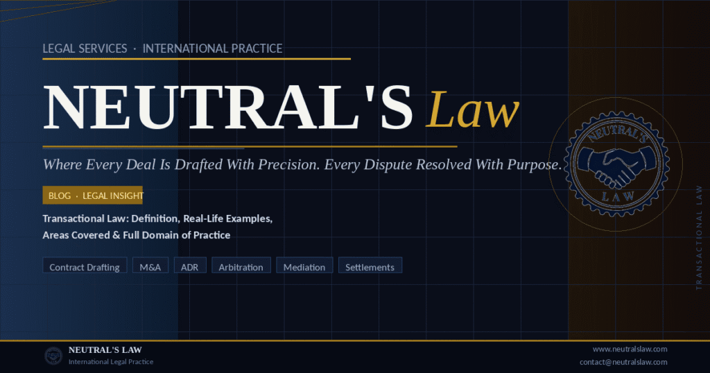 Neutral's Law blog cover image featuring the firm's official seal logo on a deep navy background with gold accents, titled Transactional Law — Definition, Real-Life Examples, Areas Covered and Full Domain of Practice, with service tags including Contract Drafting, M&A, ADR, Arbitration, Mediation and Settlements, published by Neutral's Law International Legal Practice and Business and commercial transactions handling by transactional lawyer at neutralslaw.com