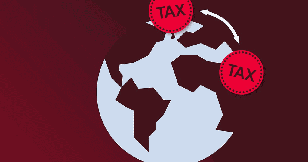 Illustration of two tax symbols surrounding a world map, representing double taxation on NRN investments.