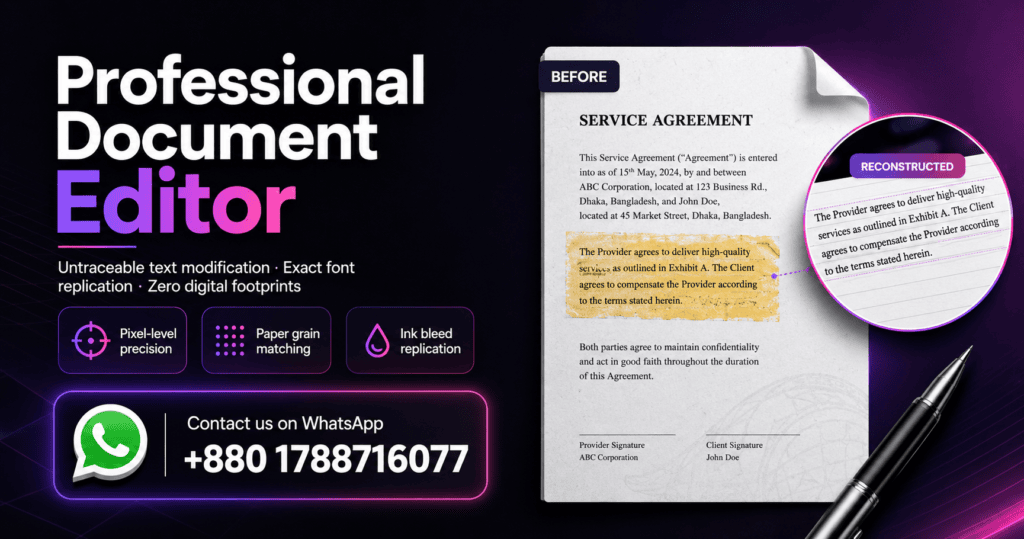 A premium dark-themed promotional banner showcasing a professional document reconstruction and editing service. The design features a modern black background with purple and pink neon accents, highlighting services such as exact font replication, paper texture matching, and pixel-level editing precision. A WhatsApp contact card is prominently displayed alongside a document mockup demonstrating a text reconstruction process in a clean and professional presentation.