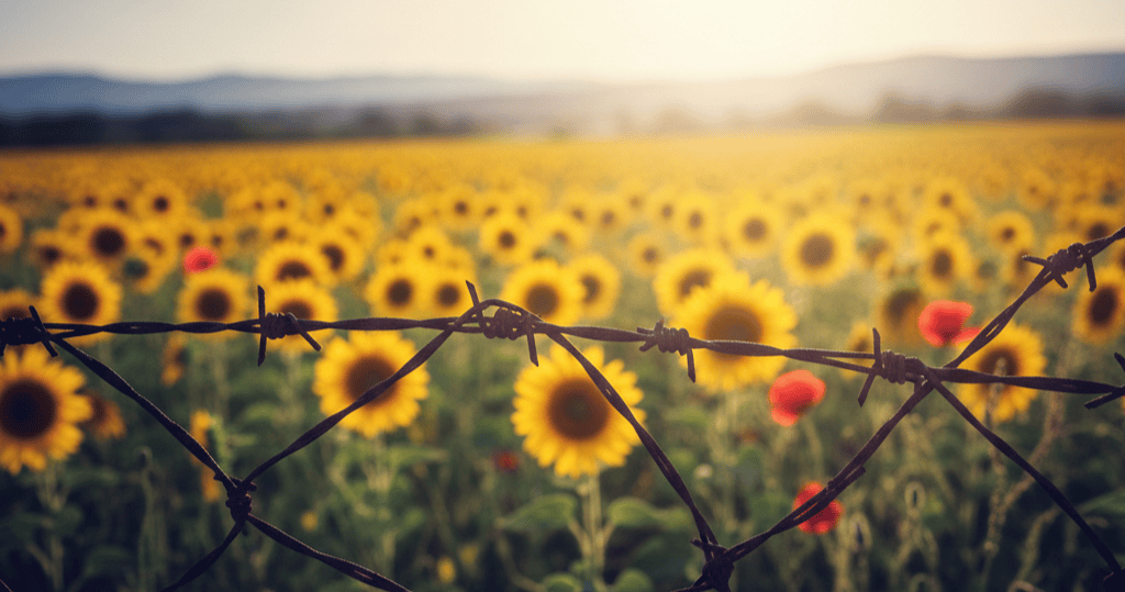 In Viktor Frankl's book, Man's Search for Meaning, Frankl describes in Part One, Section 5 a scene in which soldiers are marching him and other prisoners through Auschwitz concentration camp. Beyond the fence, he admired the meadow of flowers. 