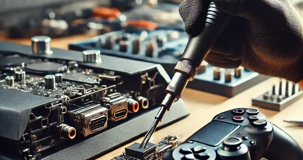 DALL·E 2025-01-24 06.35.16 - A close-up image of a technician repairing an HDMI port on a PlayStation console in a modern repair workshop. The scene shows precision tools being us
