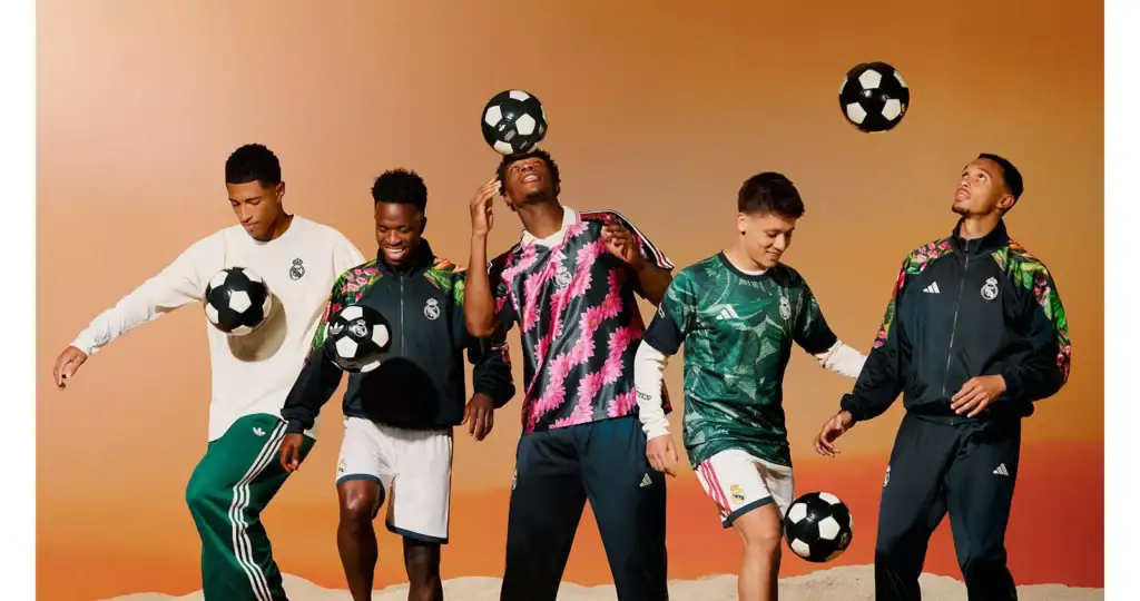 Composição com peças da coleção FARM Rio + adidas + Real Madrid em verde, rosa e branco