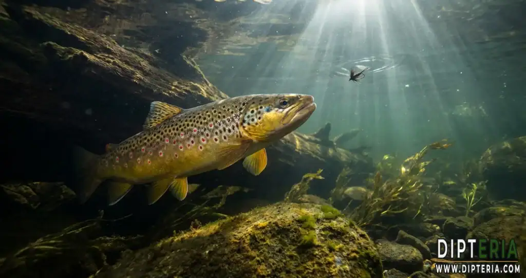 Truite fario sauvage observant une mouche noyée sous la surface d'une rivière des Pyrénées.